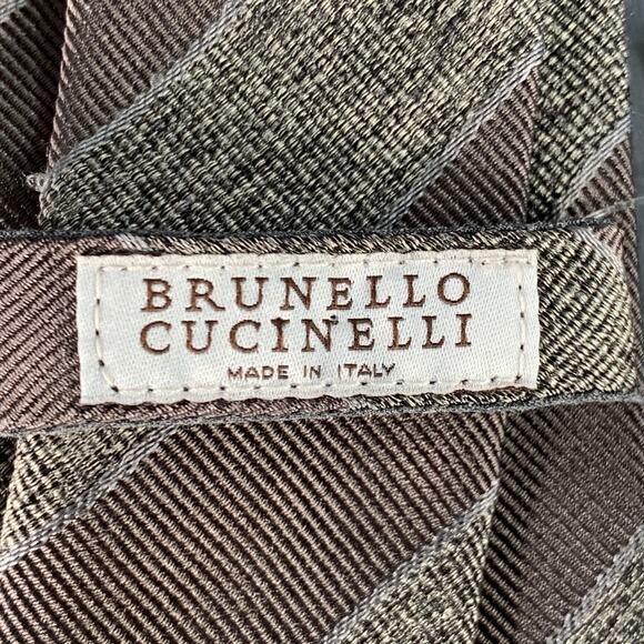 BRUNELLO CUCINELLI Grey Silver Diagonal Stripe Skinny Tie - Picture 3 of 3